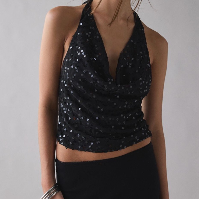Nwt! Urban Outfitters Cynthia Sequin Plunging Cowl Neck Halter Top In Black